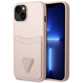 Чехол iPhone 14 Накладка Пластик Guess Saffiano Double cardslot with Metal triangle logo