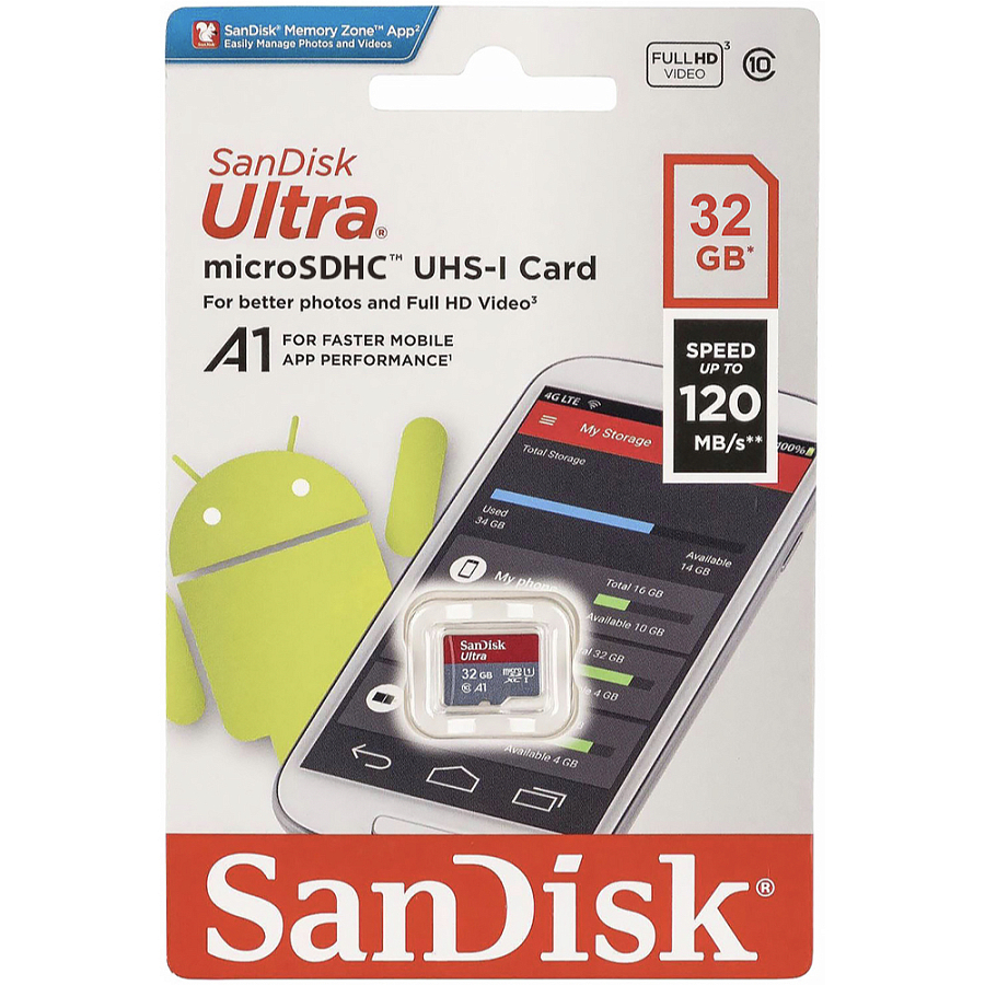 Флешка SanDisk Ultra, Micro SD, 32 Gb